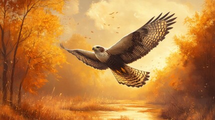 Wall Mural - Hawk Soaring Over Autumnal Landscape