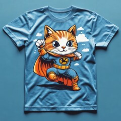 Sticker - A cute cartoon cat dressed as a superhero on a blue t-shirt.