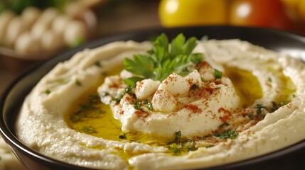 Creamy hummus topped with olive oil, garlic, and paprika garnished with parsley in a black bowl