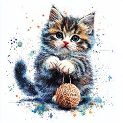 Canvas Print - A cute kitten holding a ball of yarn, surrounded by colorful splashes.