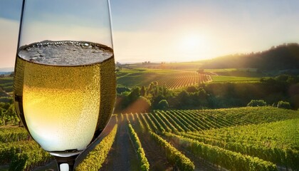 A close-up of a sparkling wine glass filled with chilled white wine, the golden liquid catch