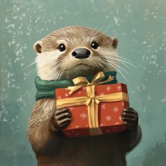 Wall Mural - A cute otter holding a gift box, wearing a scarf, set against a festive background.