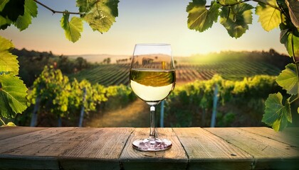 Wall Mural - A single wine glass of white wine placed on a rustic wooden table, with soft sunlight filter