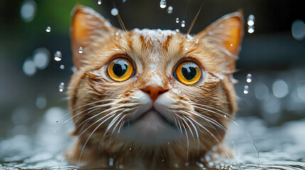 A wet, wide-eyed cat in the rain, looking surprised with water droplets all around