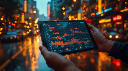 Poster - A person holding a tablet displaying stock market data in a rainy city