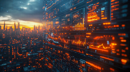 Poster - Glowing orange financial chart, visualizing market trends in a futuristic city-like grid