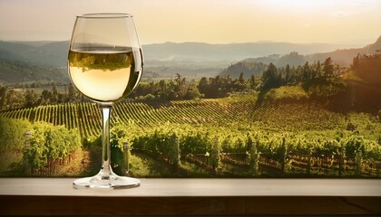 a wine glass with a subtle swirl of white wine, reflecting the bright sun, standing against