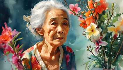 Canvas Print - Dreamy watercolor scene of elderly Asian woman surrounded by vibrant flowers, capturing a peaceful and serene atmosphere in floral artistry.