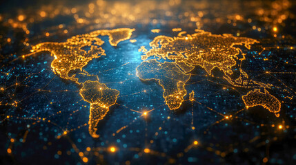 Poster - A digital world map glowing with connected networks, representing global data exchange