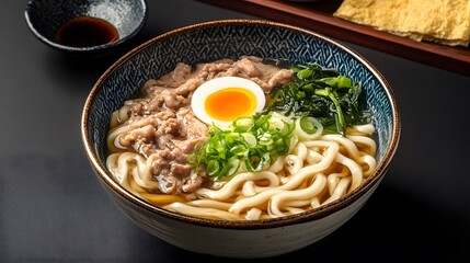 Delicious japanese udon with beef, egg, and fresh scallions in a bowl