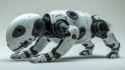 Poster - Futuristic robot dog in sleek white design, crouching in an advanced technological setting