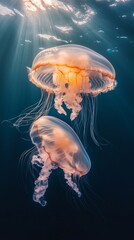 Poster - jellyfish swimming in ocean with sunlight rays, underwater tranquility and marine life concept