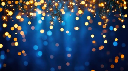 Wall Mural - string lights glowing on a blue bokeh background for christmas