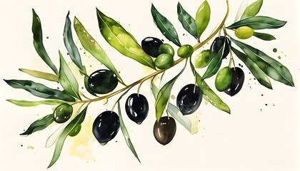 Wall Mural - Delicate Olive Branch with Green and Black Olives in Watercolor, Emphasizing Nature and Organic Produce with Generous Copy Space