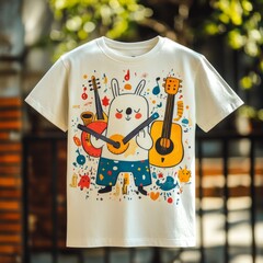 Sticker - A cute rabbit character playing guitar on a colorful t-shirt design.