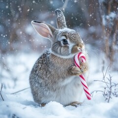 A cute rabbit holding a candy cane in a snowy landscape.