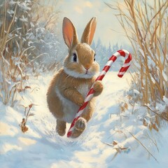 Sticker - A cute rabbit joyfully running through the snow while holding a candy cane.