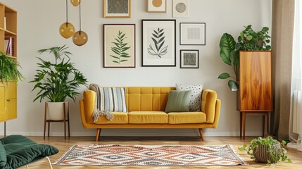 Sticker - Bright vintage living room with patterned rug, fern, sideboard, and posters above sofa