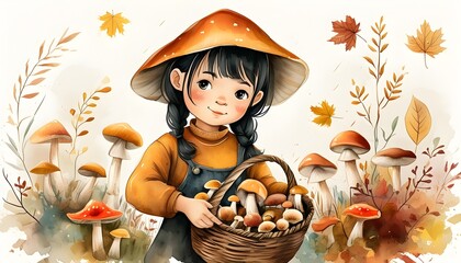 Whimsical watercolor scene of an adorable Asian girl joyfully collecting mushrooms in a basket amidst the beauty of autumn nature