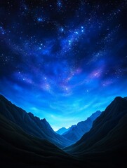 Wall Mural - a breathtaking view of a star-filled night sky over a valley of majestic mountains. the dark silhoue