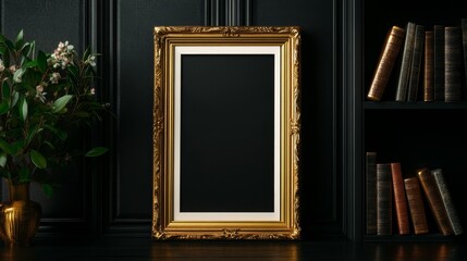 A classic gold frame with ornate detailing is set against a dark wooden bookshelf filled with leather-bound books, symbolizing knowledge, history, and tradition. The frame is empty, ready to display a