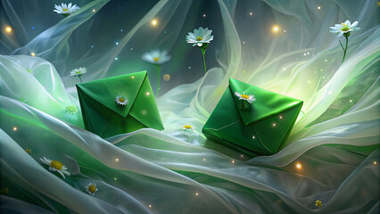 Poster - Amidst a dreamy, swirling backdrop, two vibrant green envelopes rest gracefully, adorned with tiny daisies, showcasing a serene and whimsical atmosphere