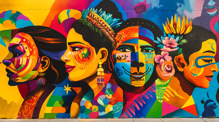 Vibrant mural depicting Hispanic cultural icons, street art style, urban setting, celebrating Hispanic Heritage Month, Hispanic culture, urban pride 