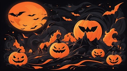 Halloween night, featuring bold, jagged lines and distorted shapes of pumpkins, bats, and ghosts, vibrant orange and black color scheme, chaotic composition with swirling forms perfect for Halloween