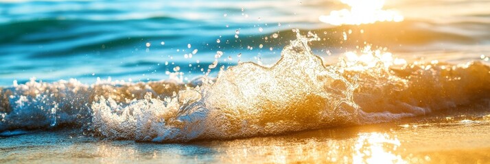 Wall Mural - A close-up of a wave breaking on a sandy beach at sunset, with golden light reflecting off the water. The image evokes a sense of peace, tranquility, and the beauty of nature. It symbolizes relaxation