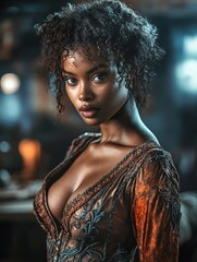 Poster - Elegant Handmade Dress on Young Woman with Vintage Wooden Accessories in Warm, Artisanal Setting