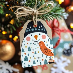 Poster - A festive gift tag featuring a snowman and a bird, perfect for holiday gifting.