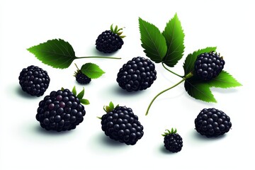 A collection of fresh, ripe blackberries isolated on a white background.  These berries are perfect for use in baking, jams, or simply enjoying as a healthy snack.  The blackberries are arranged in a 