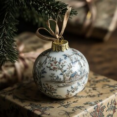 Wall Mural - A decorative Christmas ornament with intricate floral designs, resting on a beautifully wrapped gift.