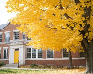 Vibrant Autumn Tree in Full Bloom with Golden Leaves in Front of Classic Brick School Building