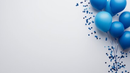 A minimalist celebration image featuring blue balloons and confetti scattered on a white background. It symbolizes joy, festivity, and the celebratory spirit.