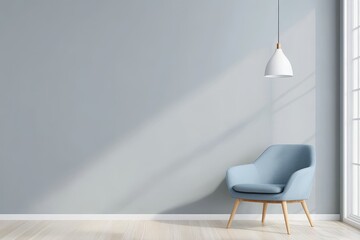 Wall Mural - A minimalist bedroom corner featuring a light blue armchair with wooden legs, placed against a pale grey wall.  The room is bathed in natural light streaming through a large window. A modern white pen