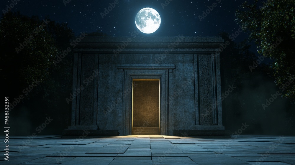 A mysterious ancient temple with a large stone door, illuminated by a ...