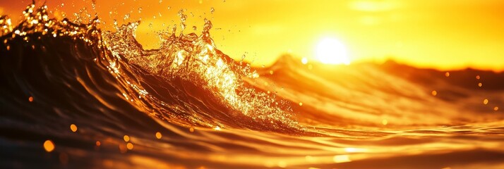 Wall Mural - A powerful ocean wave crashes into the sea at sunset, creating a breathtaking display of golden light and water droplets.  The image symbolizes nature's power, the beauty of the ocean, the end of a da