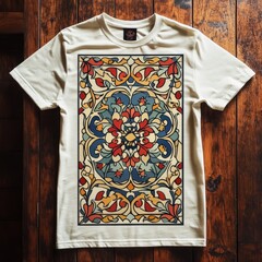 A decorative t-shirt featuring intricate floral patterns in vibrant colors.