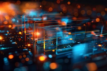 Poster - Futuristic Digital Landscape with Glowing Data Streams and Interfaces