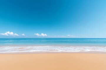 Wall Mural - A serene image capturing the essence of a tropical beach, with pristine white sand meeting the turquoise ocean under a bright blue sky. The gentle waves and few clouds add to the peaceful atmosphere, 