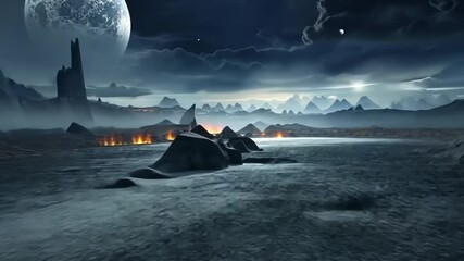 Poster - Ethereal Landscape With Volcanic Rocks Under a Starry Sky at Night Generative AI