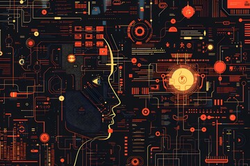Poster - Futuristic Digital Interface with Human Silhouette and Circuit Patterns