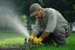 © Nima - A skilled plumber is working on an outdoor sprinkler system, ensuring efficient and reliable irrigation for a lush green lawn. The plumber is focused on the task, demonstrating expertise and dedicatio