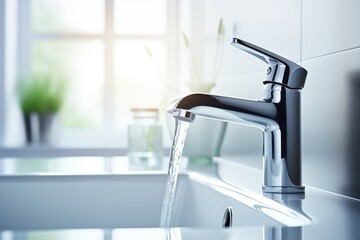 Flowing water from stylish faucet in bright kitchen, close-up – concept for freshness and hygiene