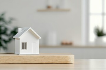 A small white house model sits on a wooden tabletop, with a blurred background of a modern living room. The image symbolizes home, comfort, and new beginnings.  The white house represents a clean slat