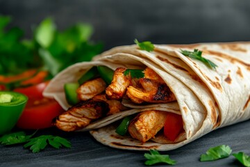 Wall Mural - A stack of freshly made chicken fajita tortilla wraps, filled with grilled chicken, peppers, and onions.  A perfect example of Mexican street food, this vibrant dish is sure to tantalize your taste bu