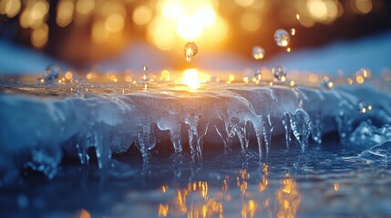 Poster - Sunset reflecting on melting ice with droplets of water.