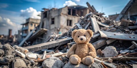 a dusty teddy bear sits amidst the rubble of a destroyed building, devastation, war, loss