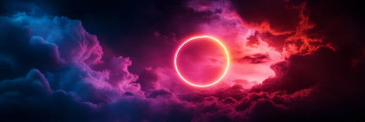 a vibrant pink neon circle glows brightly in the center of a dramatic, swirling sky. the clouds are 